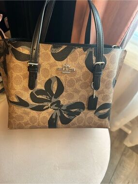 Coach Mollie 25 Tan Signature Canvas Tote with Black Bow Print